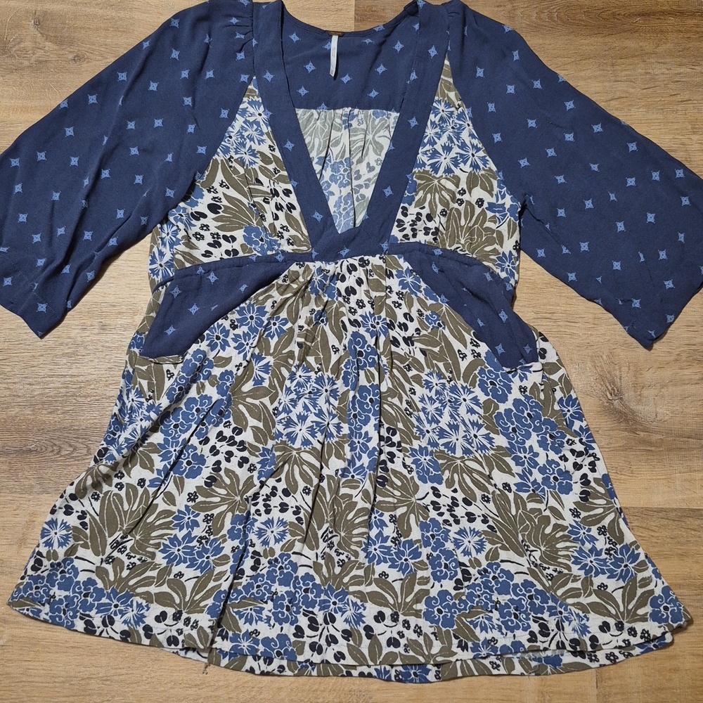 Free People Women Chiffon Boho Blue Print Mini Dress  XS